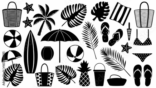 Illustration of beach themed items including bags, beach balls, umbrellas, and swimwear in black and white silhouette