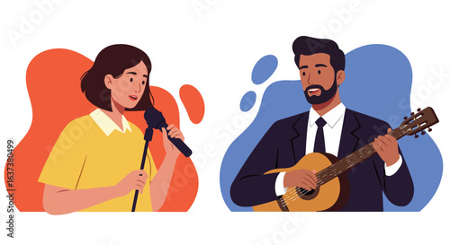 A singer with microphone & a guitarist in suit, music event vector illustration