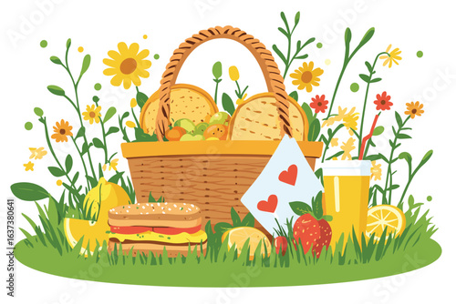 flat design of a summer picnic basket with sandwiches, fruits, and lemonade on grass, 2D clean style vector illustration