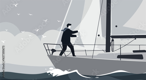 Illustration of a sailor on a sailing boat on the sea with birds in the sky