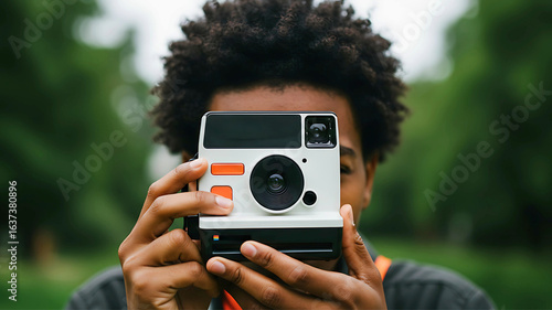 Young person with afro holding vintage instant camera, outdoors, blurred background.