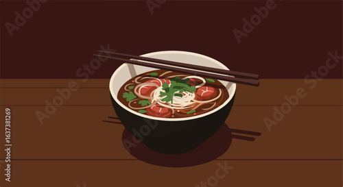 Bowl of stew with noodles, herbs, and mushrooms, plus chopsticks, on wood background