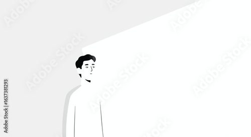 Monochromatic flat design of thoughtful character; man facing the right on white