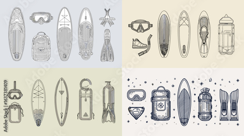 Vector illustration of surfing and diving gear including surfboards, masks, fins, and oxygen tanks. Great for sport, summer, and outdoor adventure design projects.