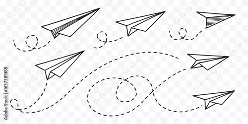Paper Airplane Flight Paths Hand Drawn Illustration Representing Freedom and Dreams in a Simple and Creative Style with Dotted Line Trails