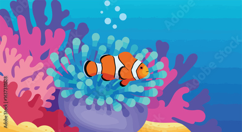 Animated clownfish swim in blue sea with pink and teal coral on ocean floor
