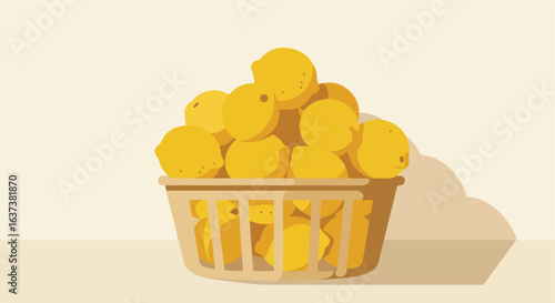 Cartoon basket with many yellow lemons, vector illustration on light background