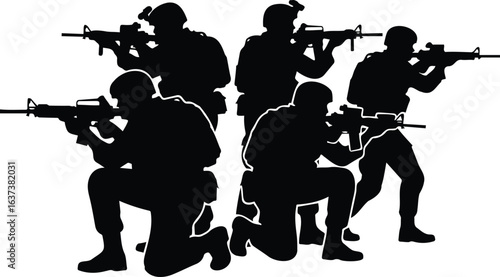 Soldier Silhouettes with Rifles, Combat Formation, Military Operation Vector