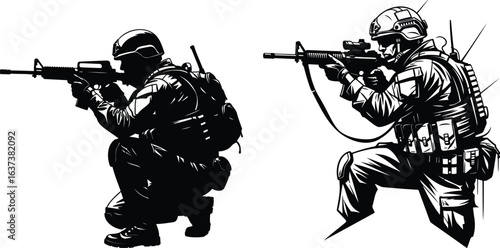 Soldiers Aiming Rifles Silhouette, Military Combat Vector Illustration