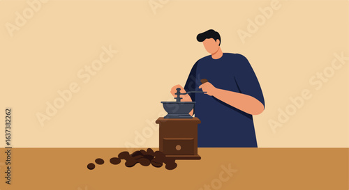 Grinding coffee, brown beans next to the grinder. A minimalist, digital illustration