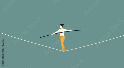 A person is balancing on the white rope, holding a balance bar in the teal background