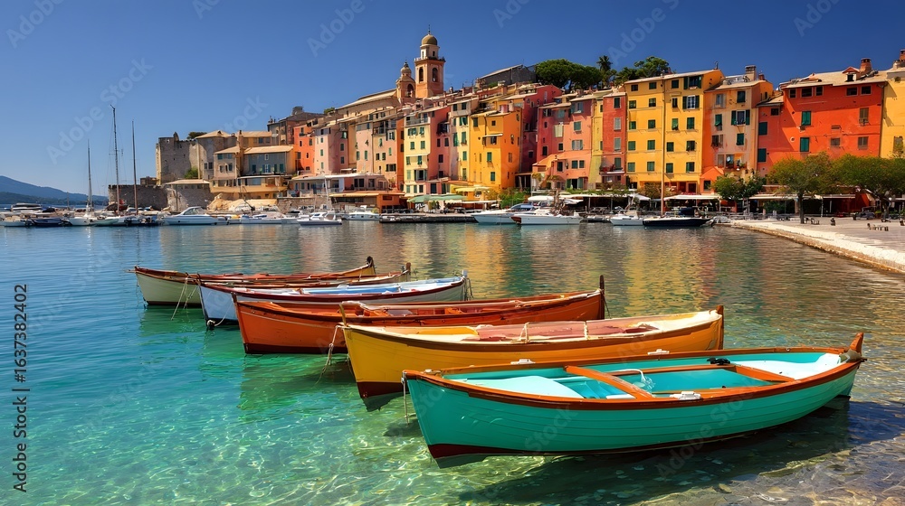 Obraz premium Colorful waterfront scene with boats moored at a harbor.