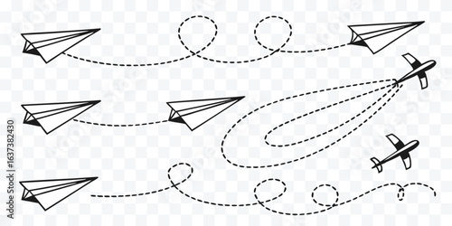 Paper Airplanes and Commercial Aircrafts on Dotted Flight Paths Illustration Vector Design for Travel and Journey Concepts and Creative Ideas