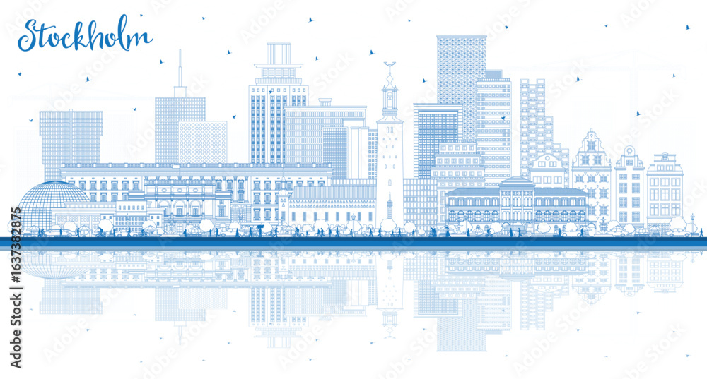 Fototapeta premium Outline Stockholm Sweden city skyline with blue buildings and reflections. Stockholm cityscape with landmarks. Business travel and tourism concept with modern and historic architecture.