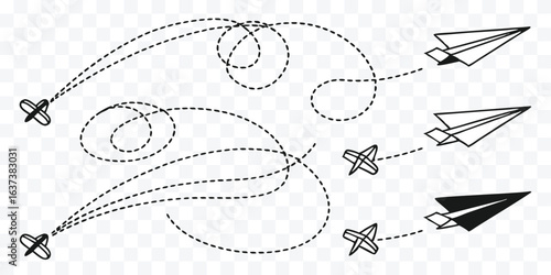 Paper Plane Trajectories Vector Illustration of Flight Paths and Creative Journeys Depicting Freedom and Imagination in Travel Concepts
