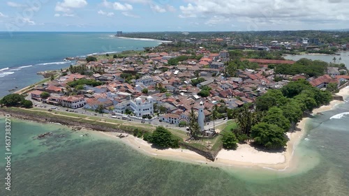 Aerial 4K drone footage of Galle Fort and coastline, Sri Lanka. Stunning views of historic Dutch Fort, lighthouse, beaches, and Indian Ocean—perfect for travel, tourism, and cultural projects
