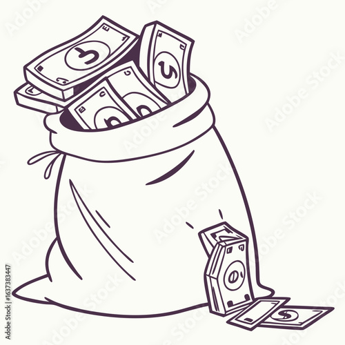 A cartoon line drawing of a money bag overflowing with cash, with banknotes spilling out onto the floor.