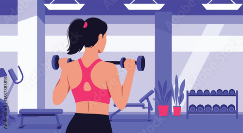 Gym scene of a woman lifting dumbbell weights in the fitness center, back view