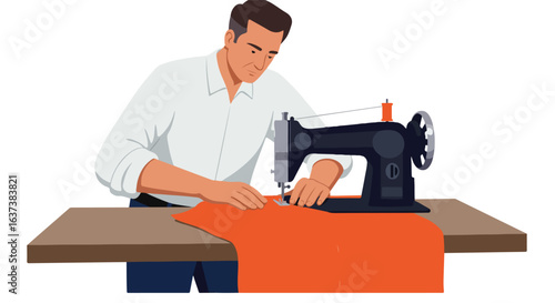 Man sewing on a sewing machine with orange fabric at a table in a bright room