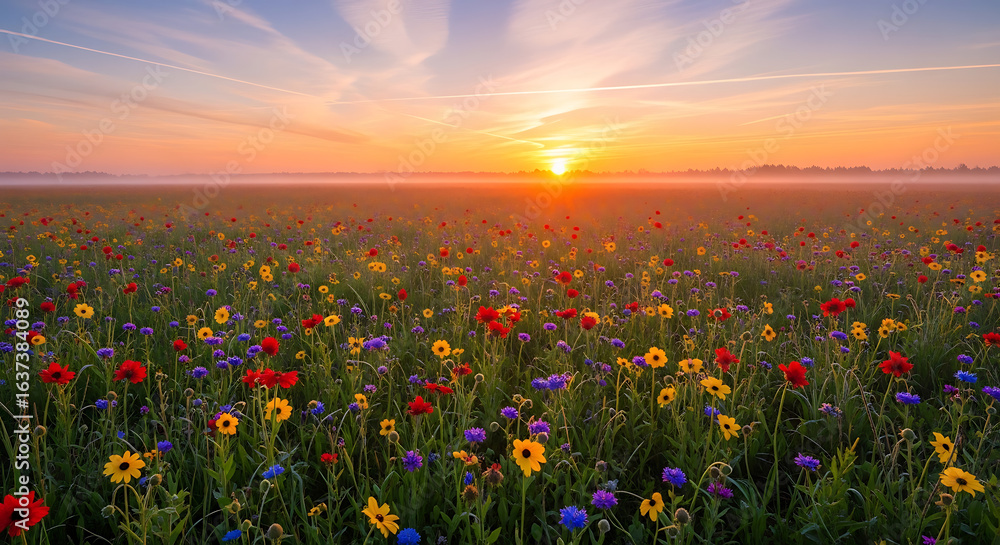 Fototapeta premium A beautiful meadow of wildflowers under a vibrant sunrise. The sun's golden light illuminates the colorful flowers and a light mist on the horizon.