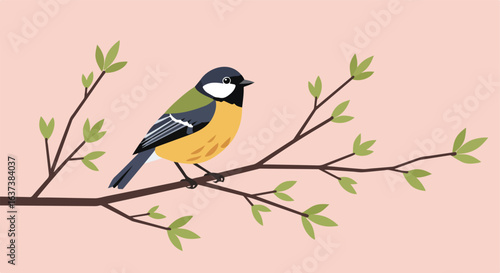 Bird Perched on Branch. Leaves sprout from a thin, brown branch. The bird is lovely