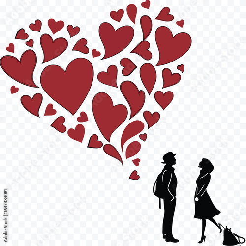 Romantic Encounter with Hearts Overhead Silhouette of Couple Sharing Affection Love and Connection Expressed Through Artistic Illustration