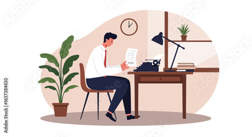 Person reads documents at a desk with a typewriter, plant, & lamp in a warm room