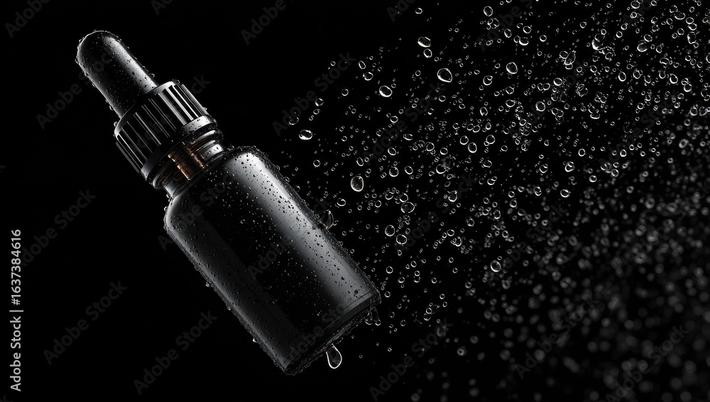 Naklejka premium Dark glass bottle, water droplets, black background, product photography, cosmetic packaging