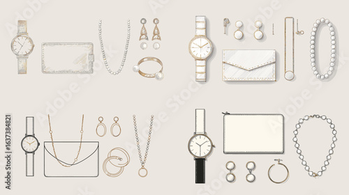 Minimalist vector illustration of jewelry accessories including watches, earrings, necklaces, and purses. Ideal for fashion design, luxury branding, and lifestyle concepts.