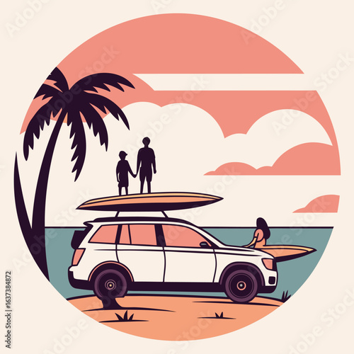 Lifestyle Vector of a Family Loading a SUP – Stand Up Paddleboard.