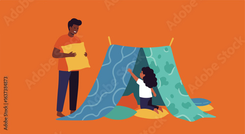 Family fun with blankets. Father brings a pillow, while the child plays inside