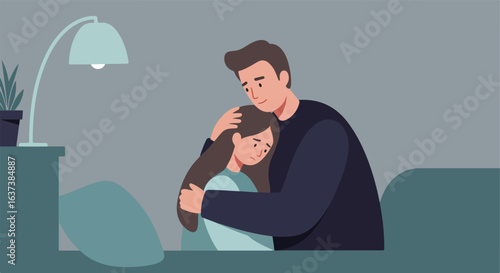 Man comforts upset woman. Lamp illuminates room. Support during difficult times