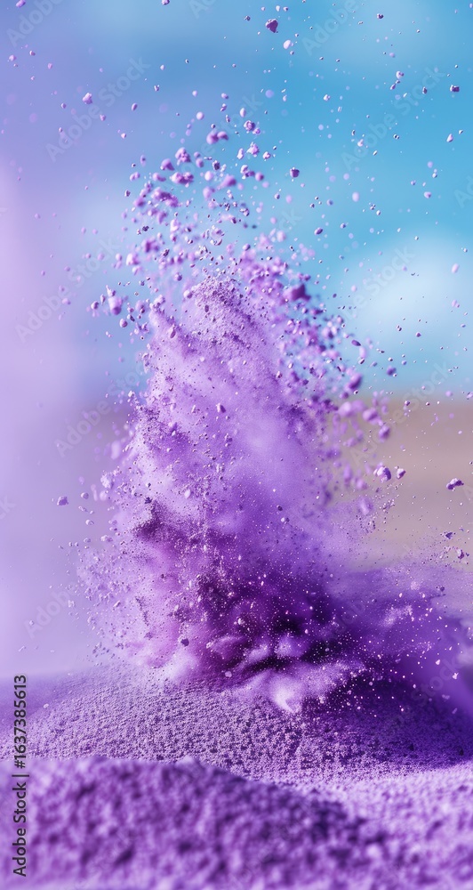 Fototapeta premium Purple powder explosion outdoors, vibrant background, artistic