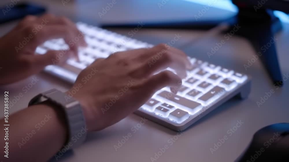 Person's hands actively typing on a glowing white keyboard, illuminated in a dimly lit workspace. Person's hands actively typing on a glowing white keyboard, illuminated in a dimly lit workspace.