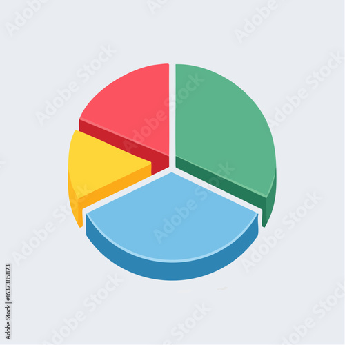 A simple and colorful 3D pie chart illustration, perfect for business reports, data analysis, and infographic presentations on a clean background