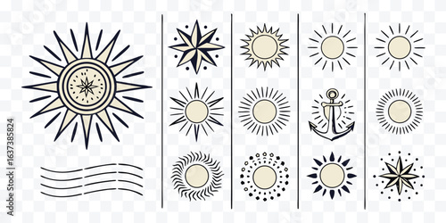 Set of nautical themed icons and symbols representing sun compass stars and anchor in a modern minimalist style