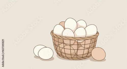 Cartoon eggs white & brown eggs in woven basket on pastel background. Clean style