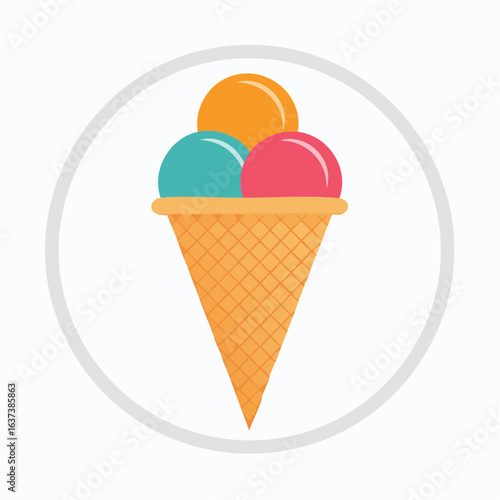 A colorful flat design illustration of a waffle cone with three scoops of ice cream, a delicious frozen dessert representing a sweet summer treat