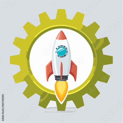 Rocket Launch Inside a Gear Symbolizing Innovation, Progress, and Technological Advancement