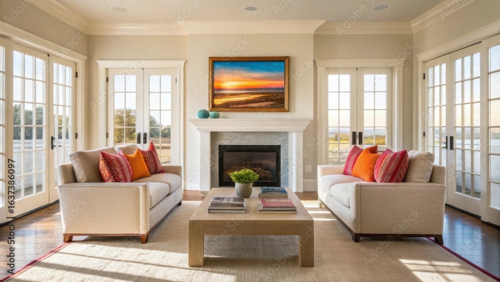 Fototapeta premium Bright and airy living room with fireplace and comfortable seating