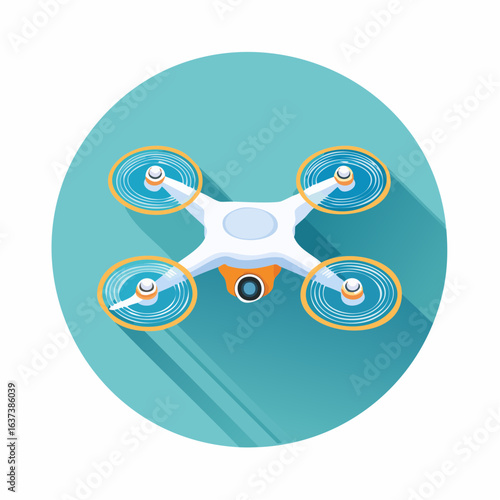 Vector illustration of a modern quadcopter drone with camera. Flat design icon representing aerial technology, surveillance, and photography