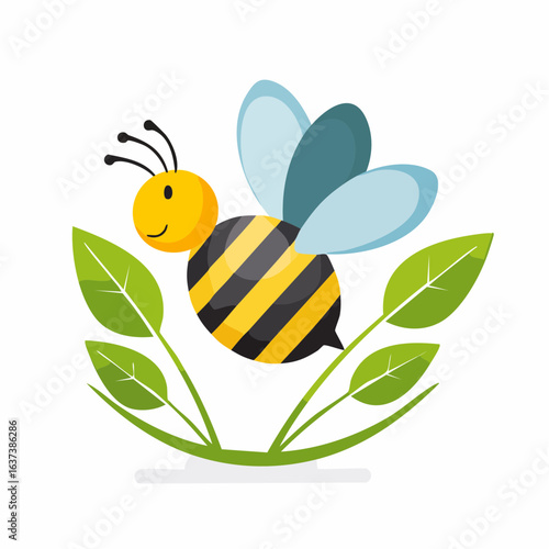 Happy cartoon bee character emblem with green leaves, representing nature, honey production, and ecological concepts