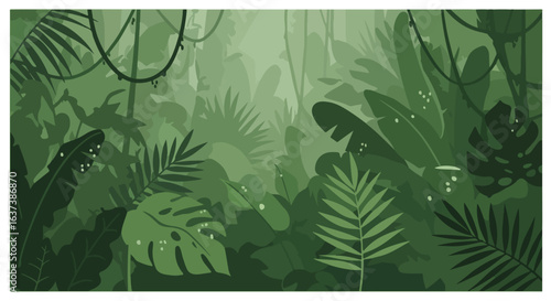 Lush, detailed tropical jungle filled with diverse plants in layered green hues