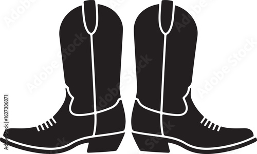 Black Silhouette of Pair of Cowboy Boots Side by Side Isolated on White Background
