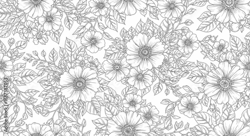 Wallpaper Mural A detailed black and white floral pattern featuring flowers and leaves in a dense, repeating design. Torontodigital.ca