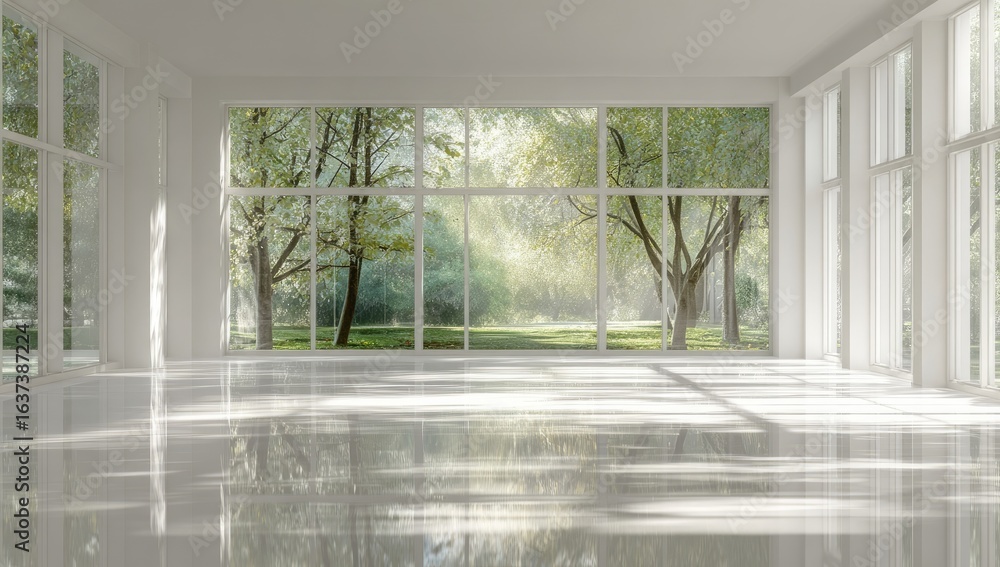 Fototapeta premium Empty white room with large windows, park view. Sunlight streams in