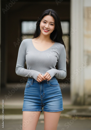 Beautiful Korean Woman in Gray Top and Denim Shorts Smiling