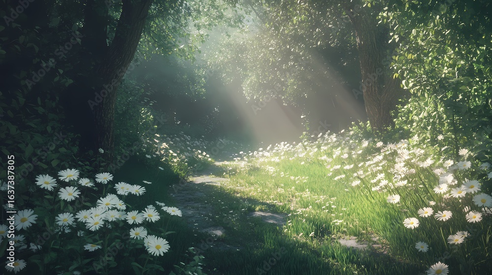 Fototapeta premium Misty forest with flowers and soft light