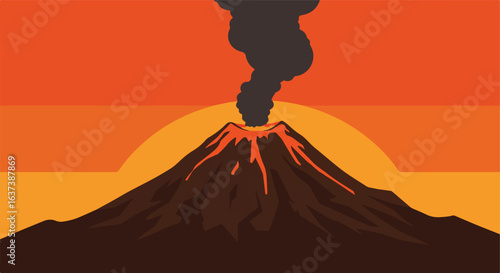 Volcano eruption with lava flowing with sunset in the background. Vector graphic