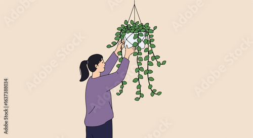 Woman tending a hanging plant, indoor setting, pastel background and cartoon illustration